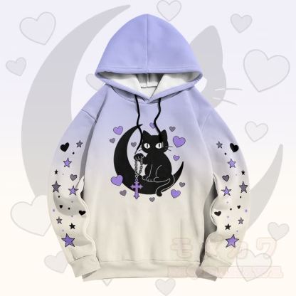Modakawa Pullover-Hoodie mit Farbverlauf, schwarzer Katze und Mond-Grafik - Lila A - 6XL - image 1