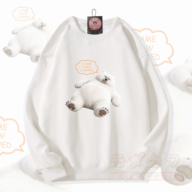 Ich kam, ich sah, ich machte ein Nickerchen – Modakawa Unisex-Sweatshirt mit Weißbär-Motiv - Weiß - 5XL - image 2