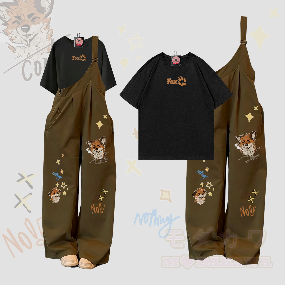 MODAKAWA X atka Letter Graphic 100% Cotton T-Shirt Fox Smoking Graphic One Shoulder Overalls Two Pieces Set - Schwarz & Grün - XL - image 2