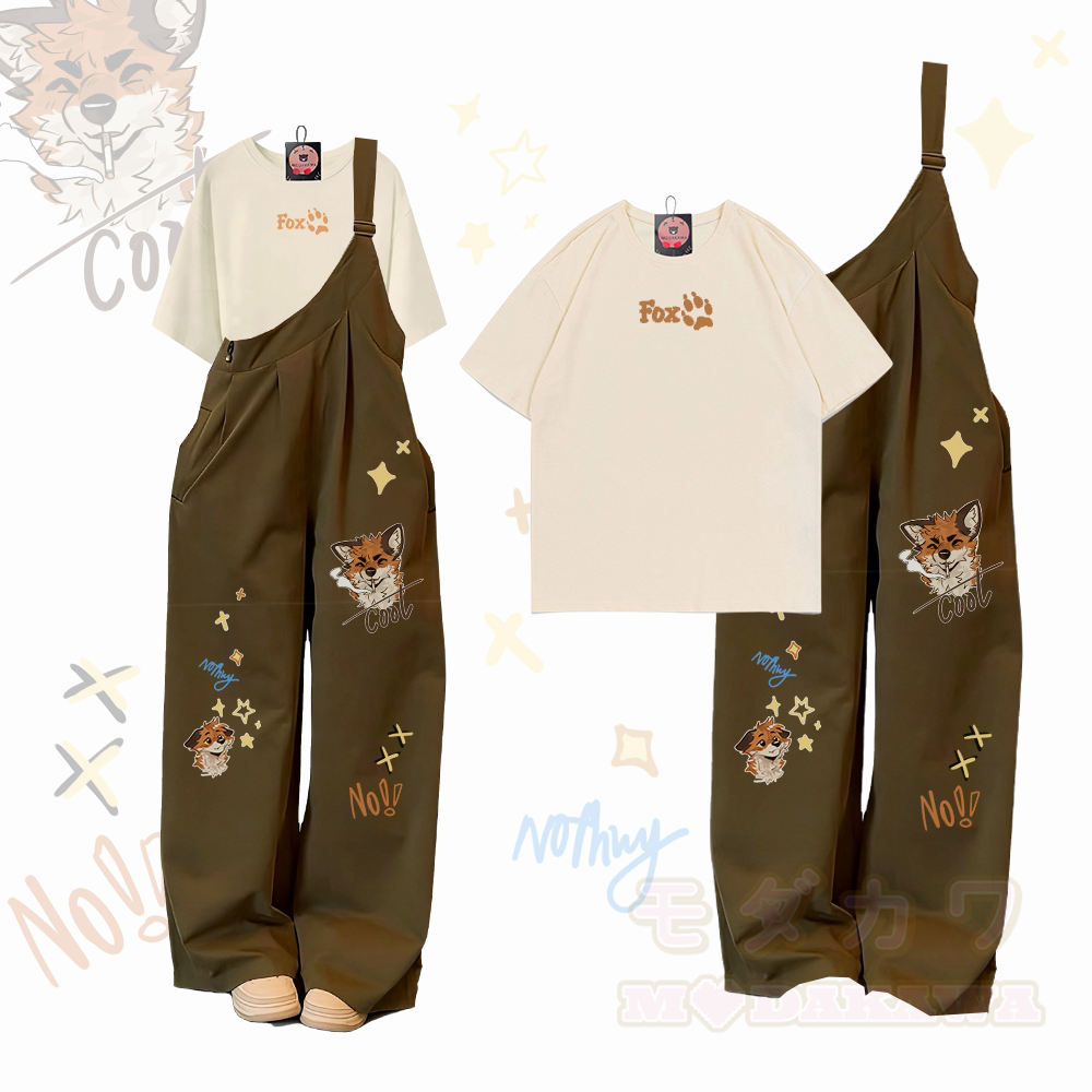MODAKAWA X atka Letter Graphic 100% Cotton T-Shirt Fox Smoking Graphic One Shoulder Overalls Two Pieces Set - Aprikose & Grün - XL - image 1