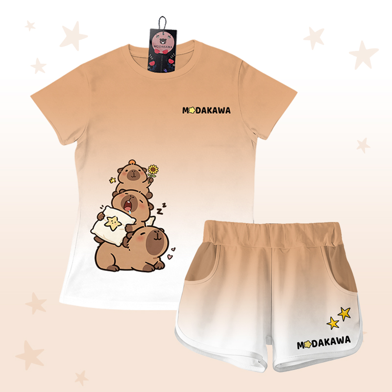 T-Shirt mit Farbverlauf und Capybara-Grafik, Shorts mit Buchstabengrafik von Modakawa, passendes Outfit - Brown & White Set - 5XL - image 1