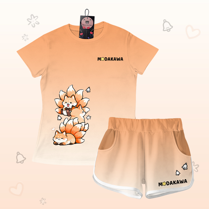 Modakawa-Outfit mit Farbverlauf und neunschwänzigem Fuchs-Motiv - Orange & White Set - 5XL - image 1