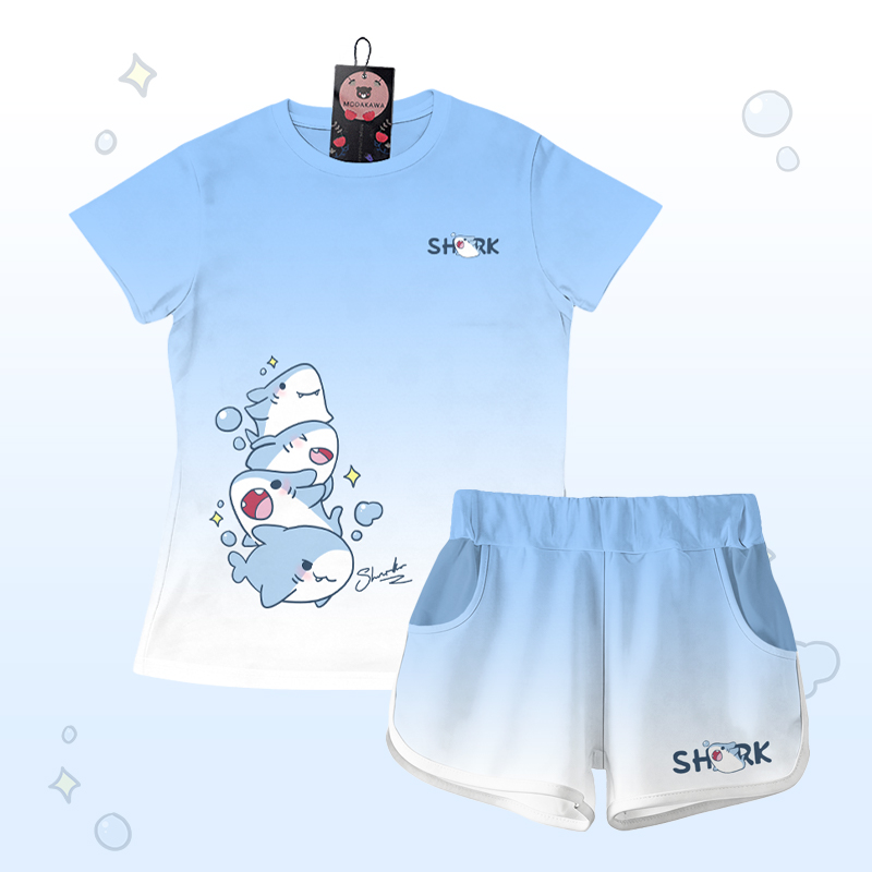 T-Shirt mit Farbverlauf und Hai-Grafik, Shorts mit Buchstabengrafik von Modakawa, passendes Outfit - Blue & White Set - 5XL - image 1