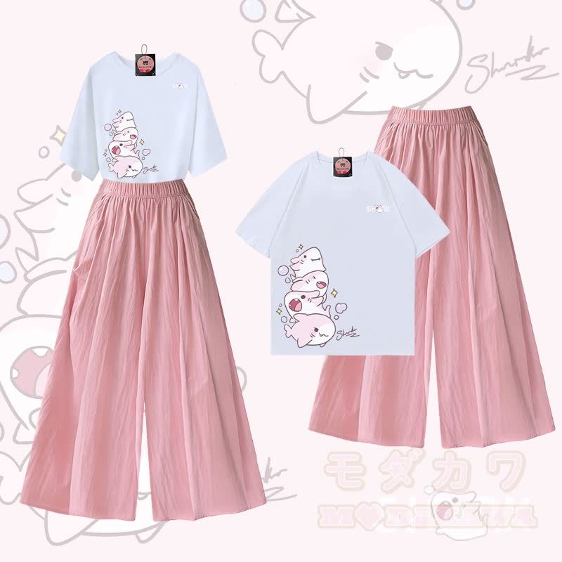 MODAKAWA X atka Sharks Graphic 100% Baumwolle T-Shirt und weite Hose Zweiteiliges Set - Weiß & Rosa - XL - image 2