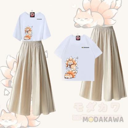 MODAKAWA X atka Nine Tails Fox Graphic 100% Cotton T-Shirt und Wide Leg Pants Zweiteiliges Set - Weiß & Aprikose - XL - image 2