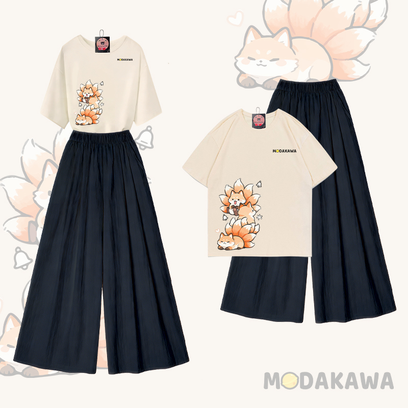 Modakawa Zweiteiler-Set mit Neunschwänzigem Fuchs-Motiv, 100 % Baumwolle, T-Shirt und weite Hose - Apricot & Black - XL - image 1