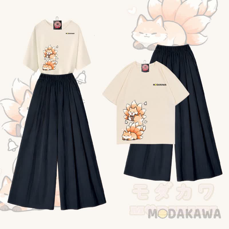 MODAKAWA X atka Nine Tails Fox Graphic 100% Cotton T-Shirt und Wide Leg Pants Zweiteiliges Set - Aprikose & Schwarz - XL - image 1