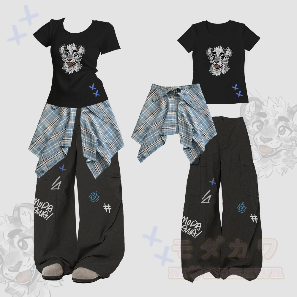 MODAKAWA X atka Tiger Graphic Slim Fit U-Neck Abnehmbarer Karo-Einsatzrock T-Shirt Vintage Loose Cargo Pants - Schwarz - XL - image 2