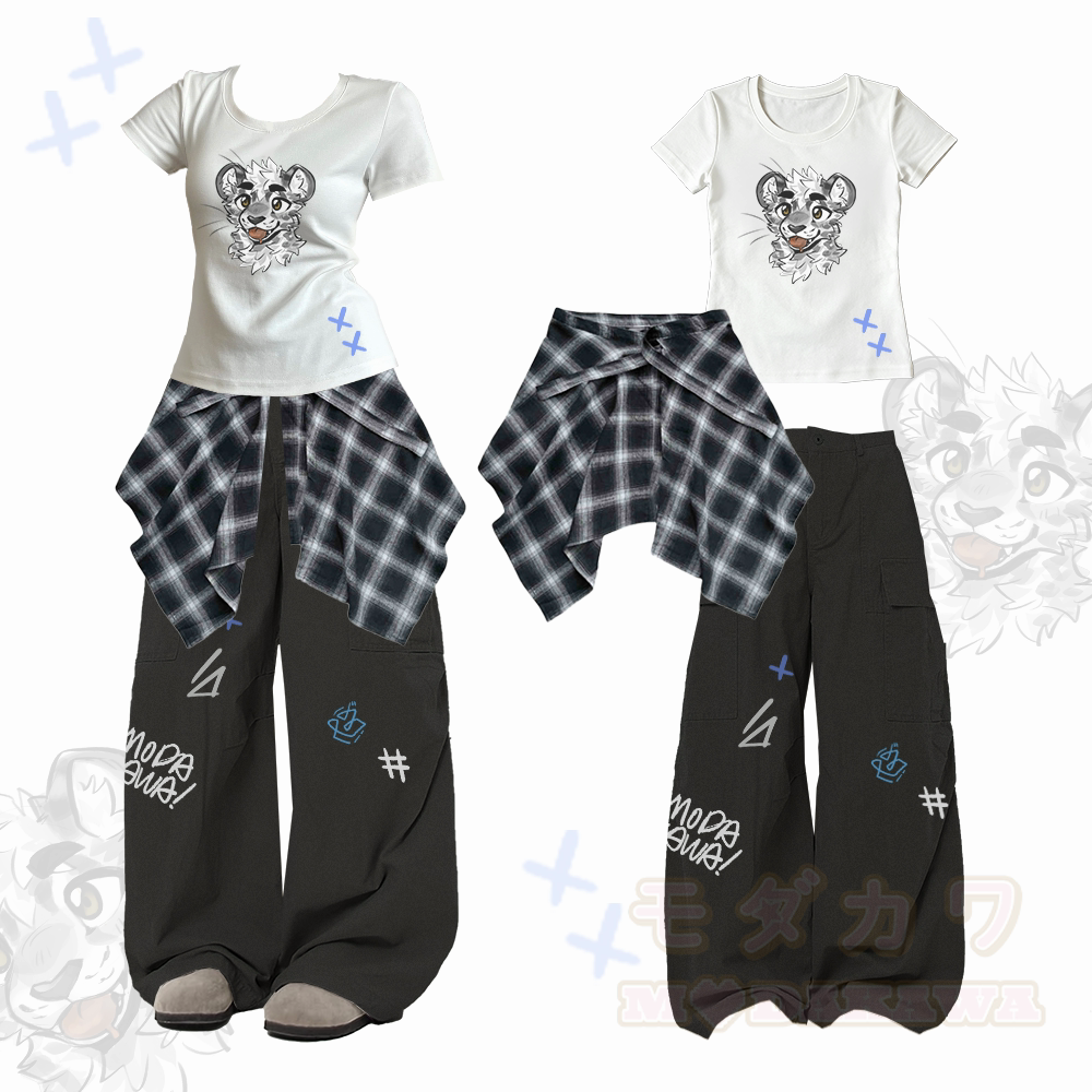 MODAKAWA X atka Tiger Graphic Slim Fit U-Neck Abnehmbarer Karo-Einsatzrock T-Shirt Vintage Loose Cargo Pants - Weiß - XL - image 1