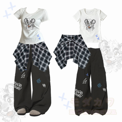 MODAKAWA X atka Tiger Graphic Slim Fit U-Neck Abnehmbarer Karo-Einsatzrock T-Shirt Vintage Loose Cargo Pants - Weiß - XL - image 1