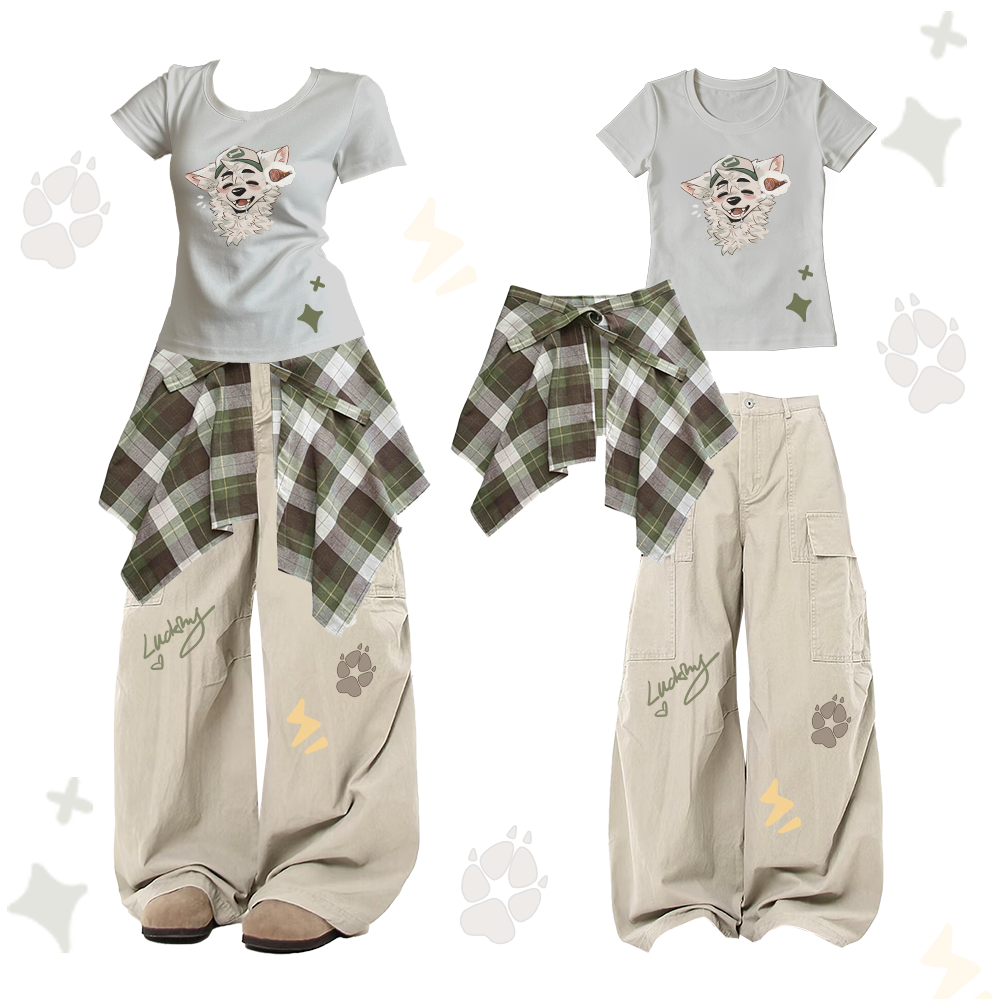 MODAKAWA X atka Fox Wants Meat Grafik-T-Shirt mit U-Ausschnitt, karierter Rock, Cargohose, zweiteiliges Set - Grey & Khaki - XL - image 1