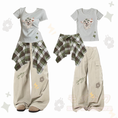 MODAKAWA X atka Fox Graphic Slim Fit U-Ausschnitt Abnehmbarer Karo-Einsatzrock T-Shirt Vintage Loose Cargo Pants - Grau & Khaki - XL - image 1