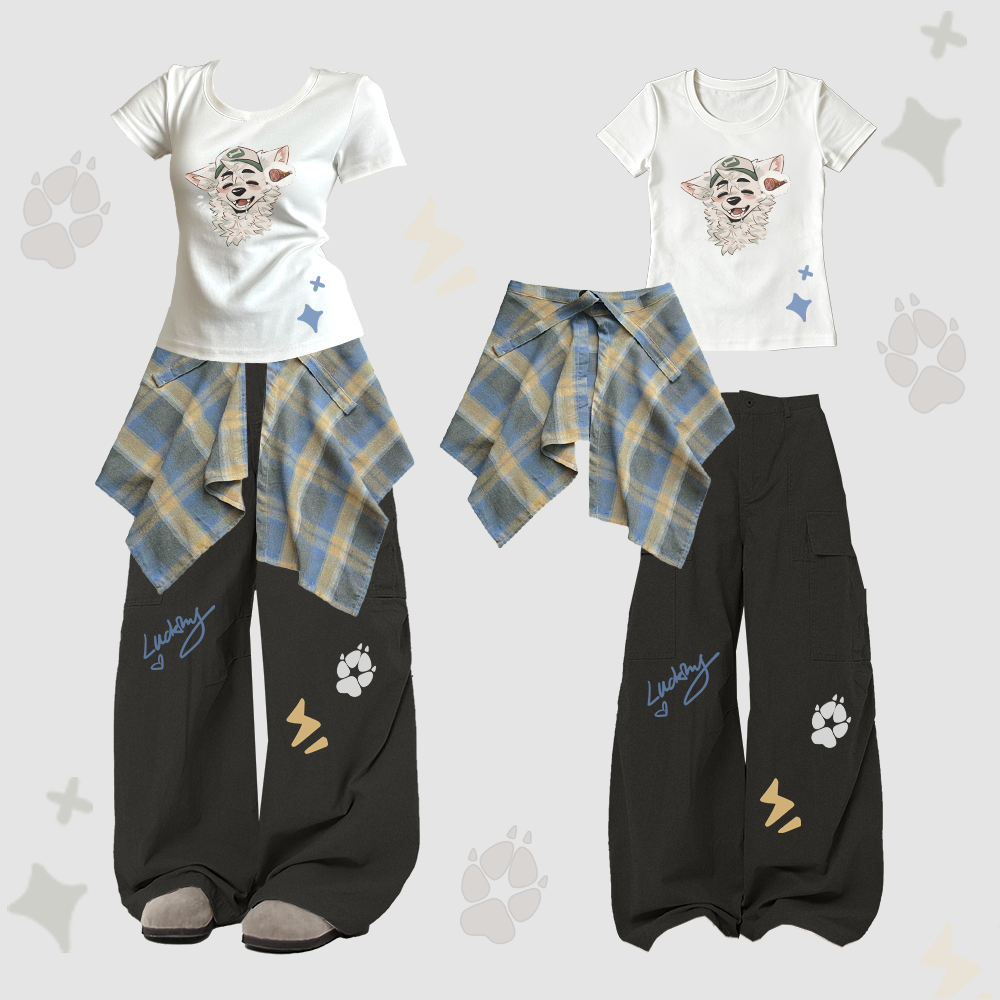 MODAKAWA X atka Fox Wants Meat Grafik-T-Shirt mit U-Ausschnitt, karierter Rock, Cargohose, zweiteiliges Set - White & Black - XL - image 2