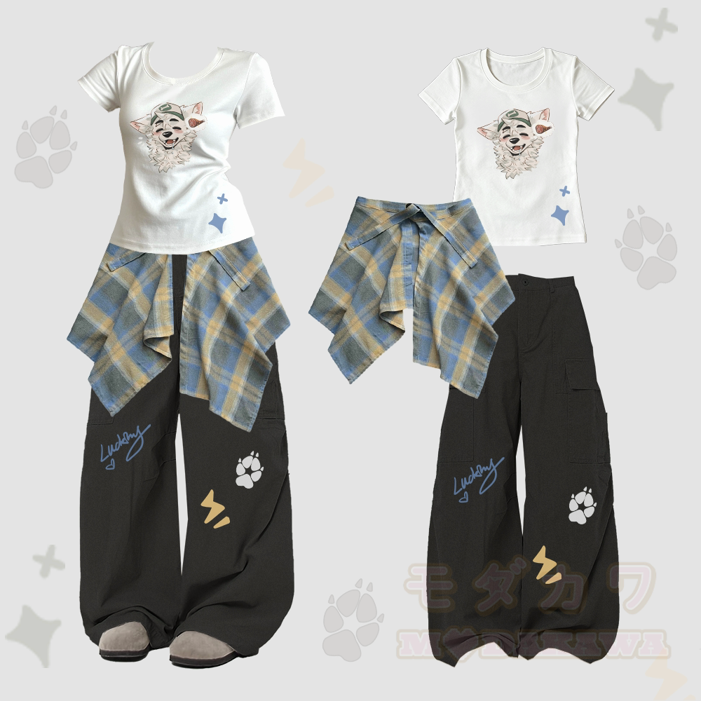 MODAKAWA X atka Fox Graphic Slim Fit U-Ausschnitt Abnehmbarer Karo-Einsatzrock T-Shirt Vintage Loose Cargo Pants - Weiß & Schwarz - XL - image 2