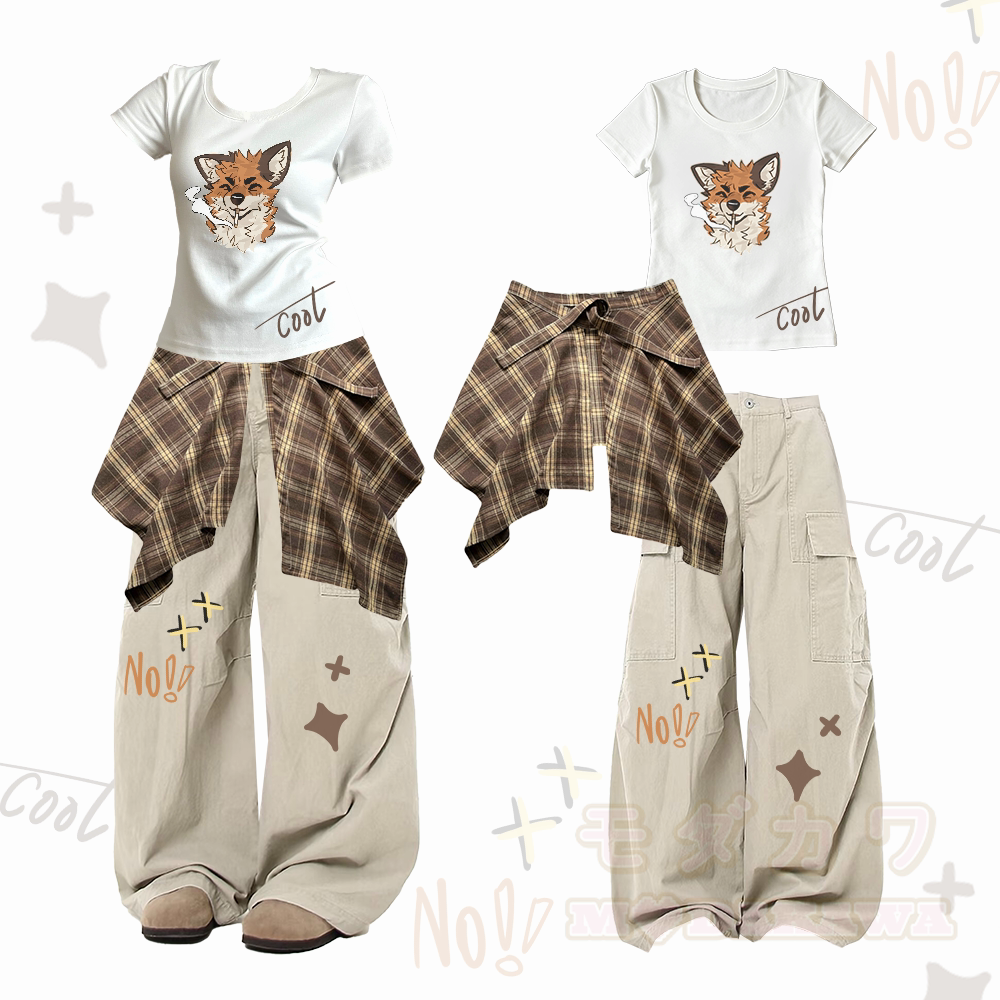 MODAKAWA X atka Smoking Fox Graphic Slim Fit U-Neck Detachable Plaid Panel Skirt T-shirt Vintage Loose Cargo Pants - Weiß - XL - image 2