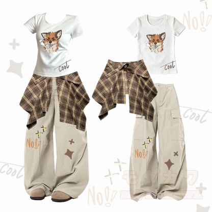MODAKAWA X atka Smoking Fox Graphic Slim Fit U-Neck Detachable Plaid Panel Skirt T-shirt Vintage Loose Cargo Pants - Weiß - XL - image 2