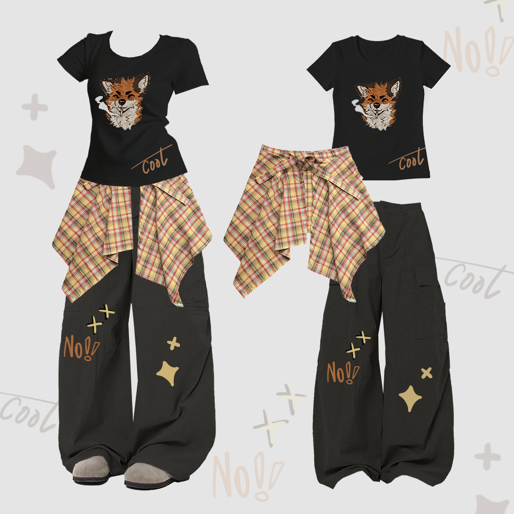 MODAKAWA X atka Smoking Fox Graphic U-Neck T-Shirt Plaid Skirt Cargo Pants Two Pieces Set - Black - XL - image 1