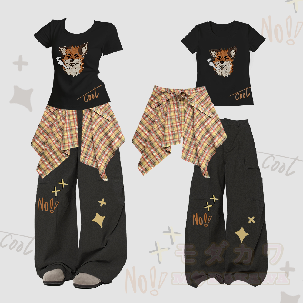 MODAKAWA X atka Smoking Fox Graphic Slim Fit U-Neck Detachable Plaid Panel Skirt T-shirt Vintage Loose Cargo Pants - Schwarz - XL - image 1