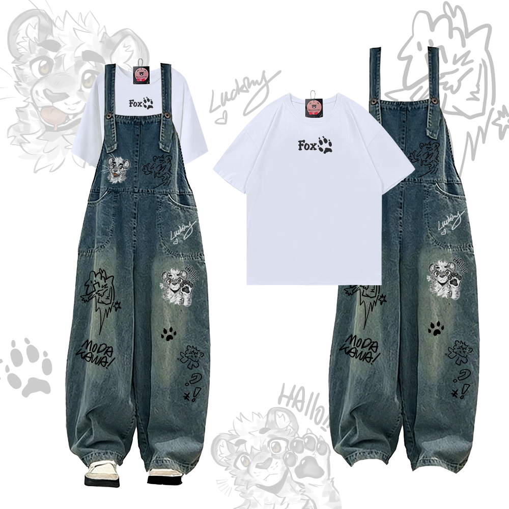 MODAKAWA X atka FOX Paw Graphic T-Shirt und Denim-Latzhose Zweiteiliges Set - White - 2XL - image 1