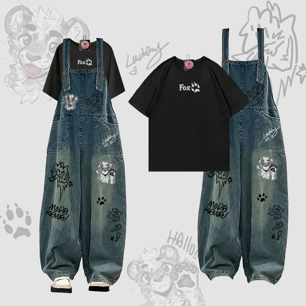 MODAKAWA X atka FOX Paw Graphic T-Shirt und Denim-Latzhose Zweiteiliges Set - Black - 2XL - image 2