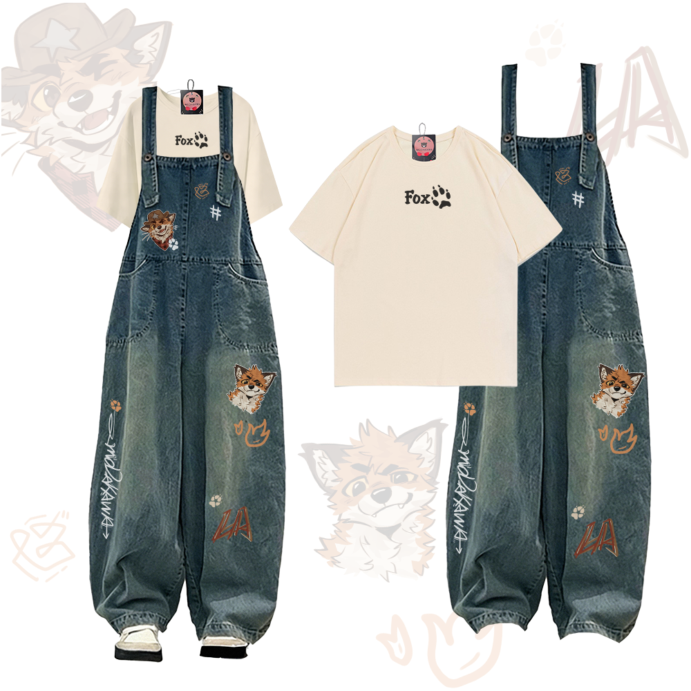 MODAKAWA X atka Verspieltes Fuchspfoten-Grafik-T-Shirt und Jeans-Latzhose Zweiteiliges Set - Apricot - 2XL - image 1