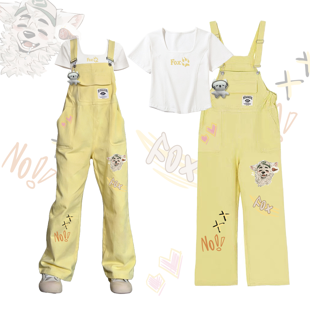 MODAKAWA X atka FOX Pfoten-Grafik-T-Shirt „Fox Wants Meat“-Grafik, Dopamin-Style, lockere Latzhose, zweiteiliges Set - Yellow - XL - image 1