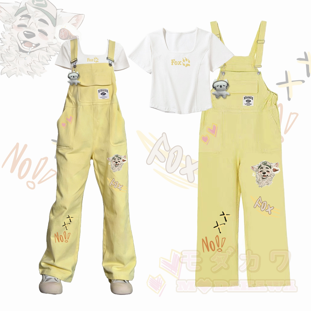 MODAKAWA X atka FOX Pfoten-Grafik-T-Shirt „Fox Wants Meat“-Grafik Dopamin-Style, lockere Latzhose, passendes Outfit - Gelb - XL - image 1