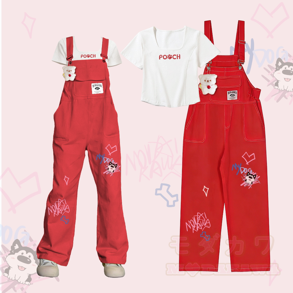 MODAKAWA X atka POOCH Grafik-T-Shirt, MY DOG Grafik-Dopamin-Style, lockere Latzhose, passendes Outfit - Rot - XL - image 1