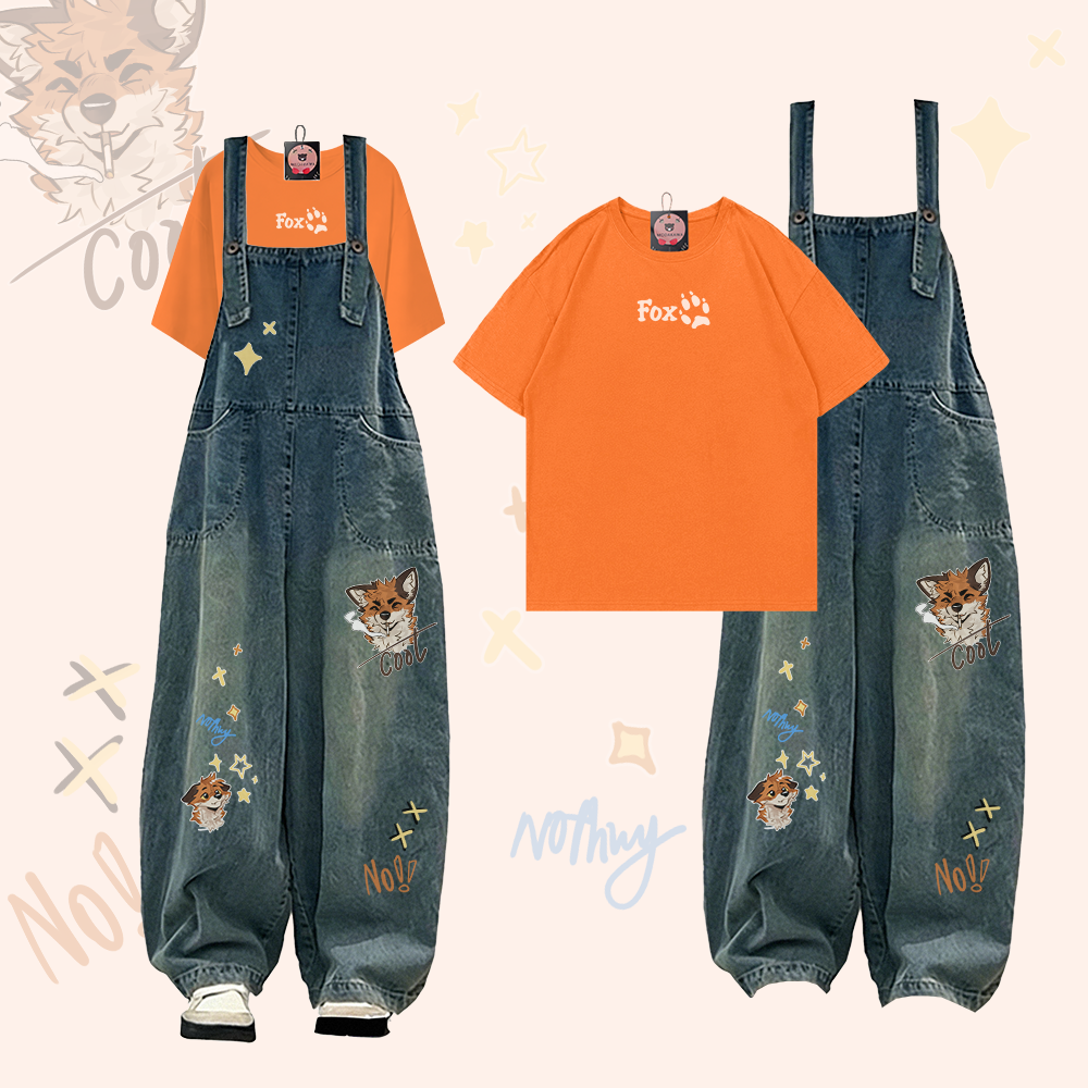 MODAKAWA X atka FOX Paw Graphic T-Shirt und Smoking Fox Graphic Denim Overalls Zweiteiliges Set - Orange - 2XL - image 1
