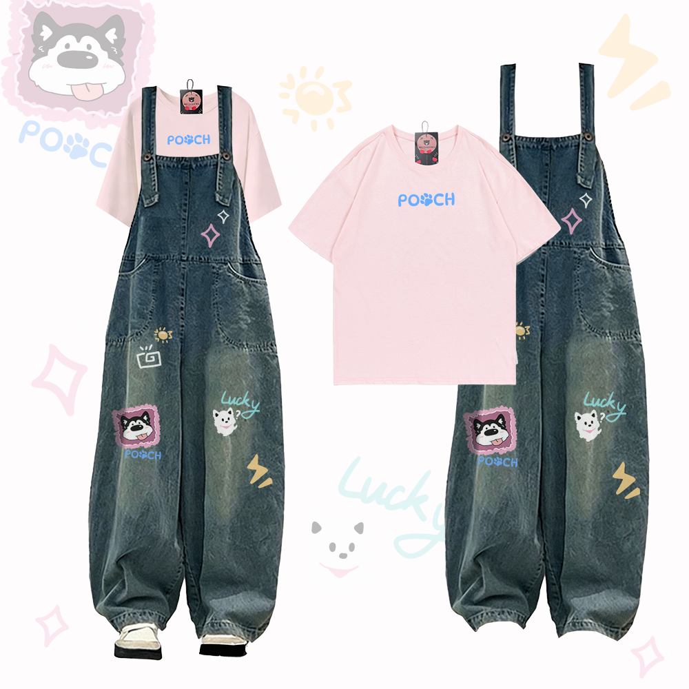 T-Shirt mit Hundepfoten-Motiv , Modakawa Zweiteiler mit Hunde-Jeanslatz, - Light Pink - 2XL - image 1