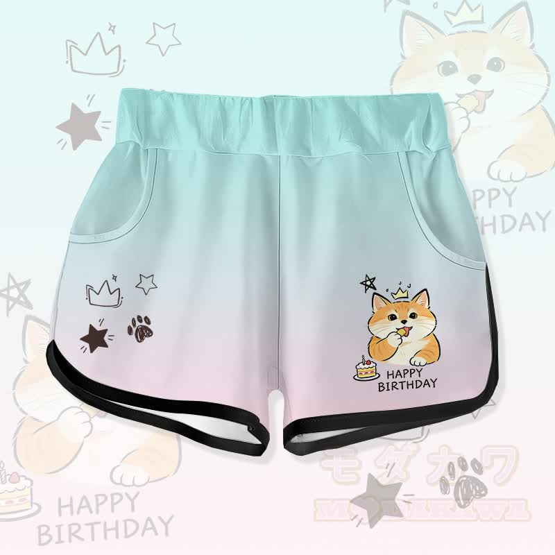 HAPPY zum Geburtstag! Niedliche Katzenkuchen-Grafik Modakawa Gradient Shorts - Grün - 5XL - image 1