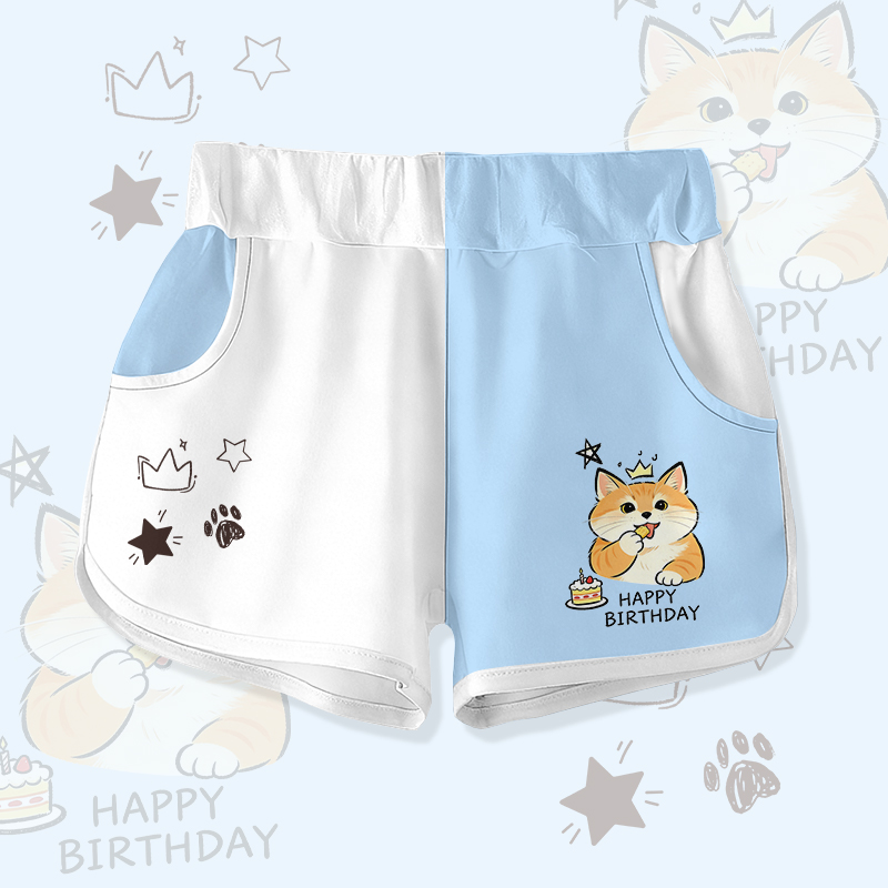 HAPPY zum Geburtstag! Niedliche Katzenkuchen-Grafik Modakawa Farben Block Shorts - White & Blue - 5XL - image 1