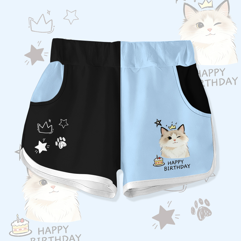 HAPPY zum Geburtstag, Wink Cat Cake Graphic Modakawa Farben Block Shorts - Black & Blue - 5XL - image 1