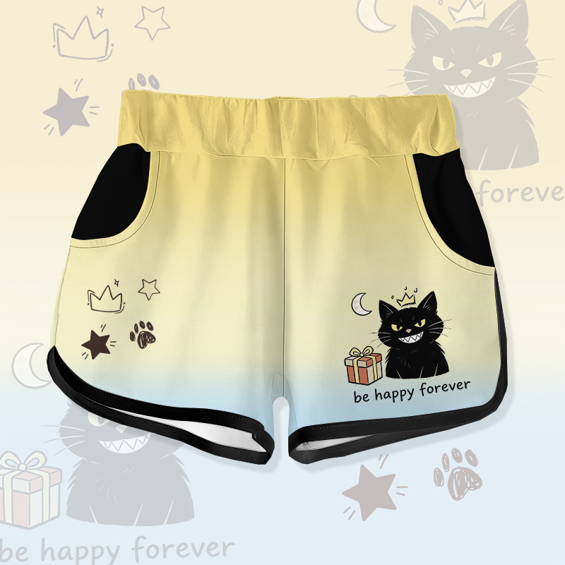 Sei für immer HAPPY! Modakawa Shorts mit schwarzem Katzenmotiv und Farbverlauf - Yellow - 5XL - image 1
