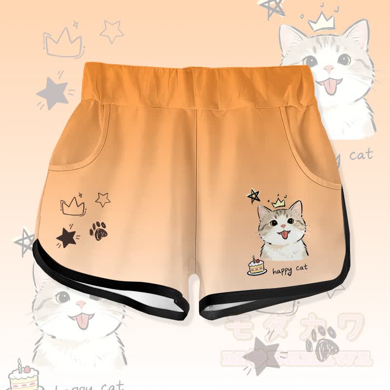 HAPPY Cat Cake Graphic Modakawa Gradient Shorts - Orange - 5XL - image 2