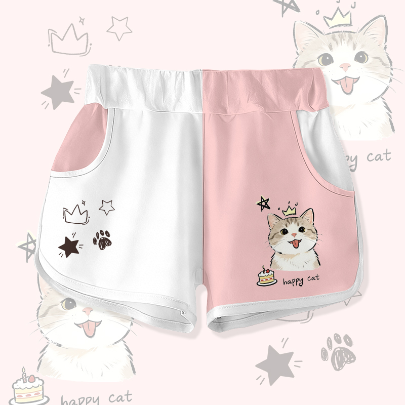 HAPPY CAT Katzenkuchen Grafik Modakawa Farben Block Shorts - White & Pink - 5XL - image 1