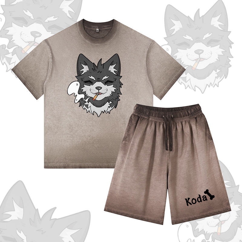 Koda Smoking Puppy Grafik Vintage Washed T-Shirt, KODA Buchstaben Grafik Shorts, Modakawa Gradient Zweiteiliges Set - Brown - 5XL - image 3