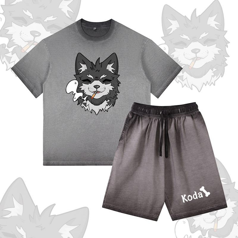 Koda Smoking Puppy Grafik Vintage Washed T-Shirt, KODA Buchstaben Grafik Shorts, Modakawa Gradient Zweiteiliges Set - Grey - 5XL - image 1