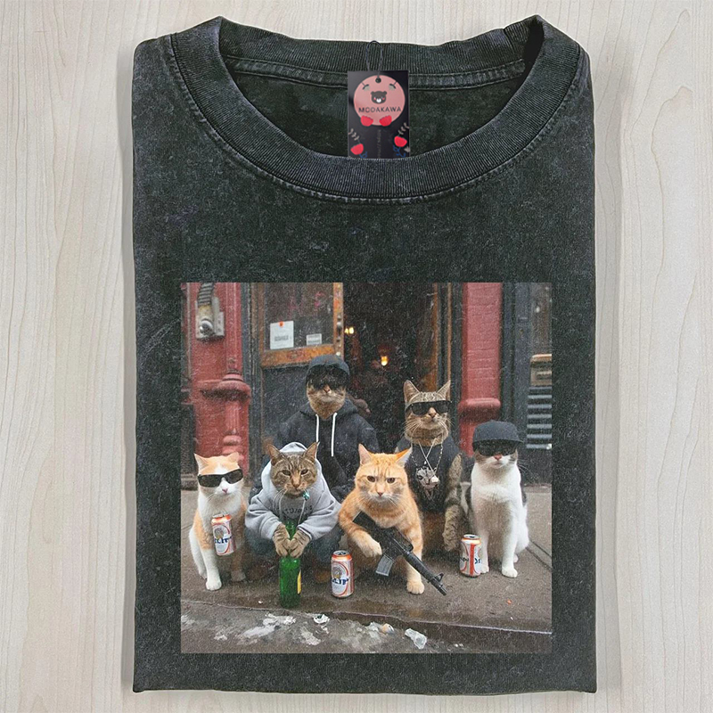 Street Cat Crew Grafik Modakawa Unisex Vintage Washed T-Shirt - image 1