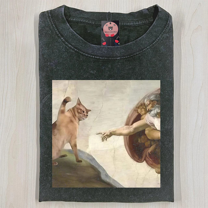 Modakawa Unisex Vintage Washed T-Shirt mit lustigem Katzenmotiv - image 1