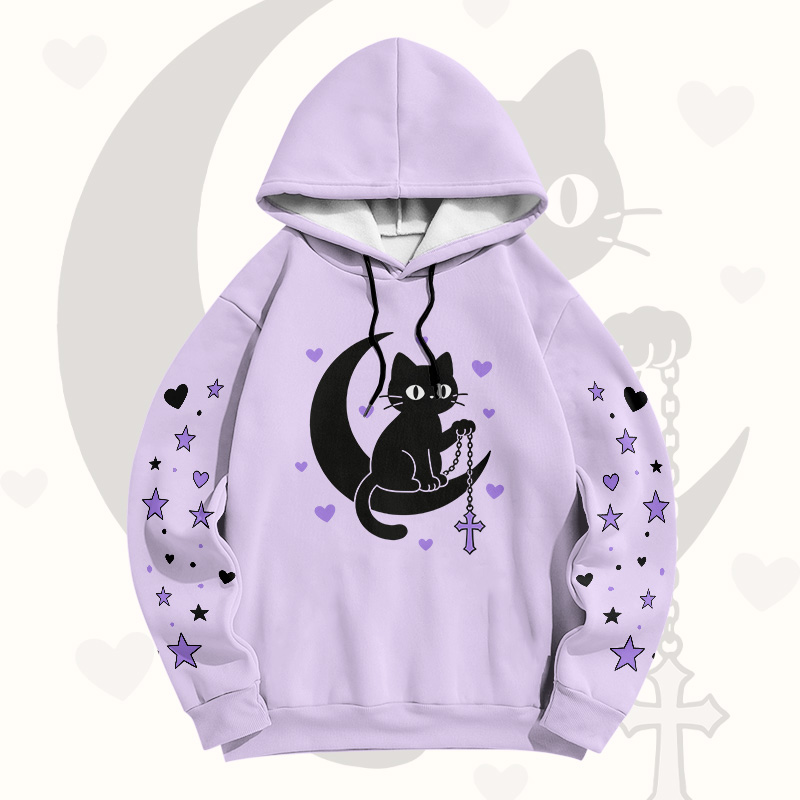 Astrologie Schwarze Katze Mond Grafik Modakawa Pullover Hoodie - Purple A - 6XL - image 1