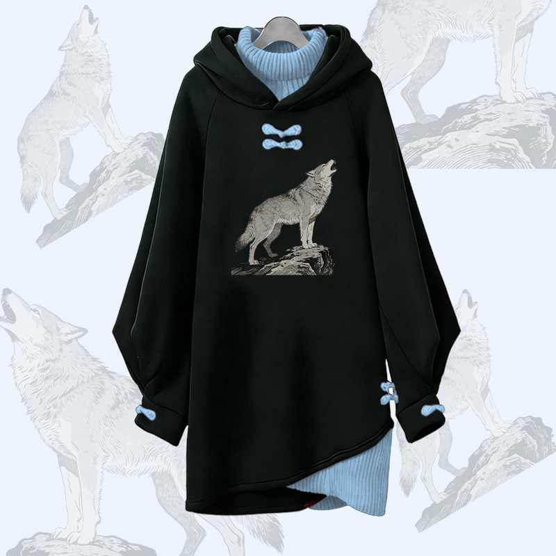 Heulender Wolf Grafik Modakawa Schnalle Vintage Kapuzenpullover Kleid - Blue - 3XL - image 2