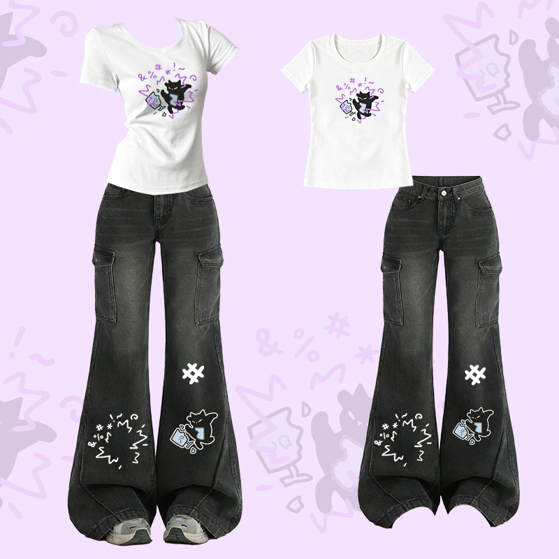 Anti-Hustle Katzen-T-Shirt mit Grafik, Schlaghose aus Denim, Modakawa Zweiteiler-Set - White - XL - image 1