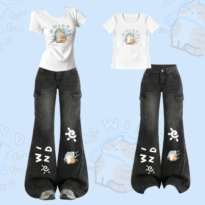 WIND Anti-Hustle Katzen-Grafik-T-Shirt, Schlaghose, Modakawa Zweiteiler-Set - White - XL - image 1