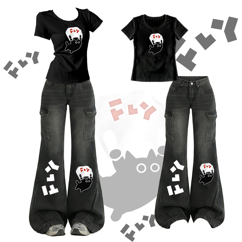 FLY T-Shirt mit schwarzer Katzengrafik, ausgestellte Jeans, Modakawa Zweiteiler - Black - XL - image 2