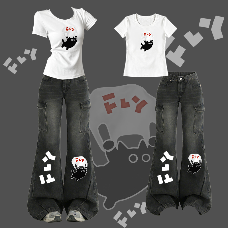 FLY T-Shirt mit schwarzer Katzengrafik, ausgestellte Jeans, Modakawa Zweiteiler - White - XL - image 1