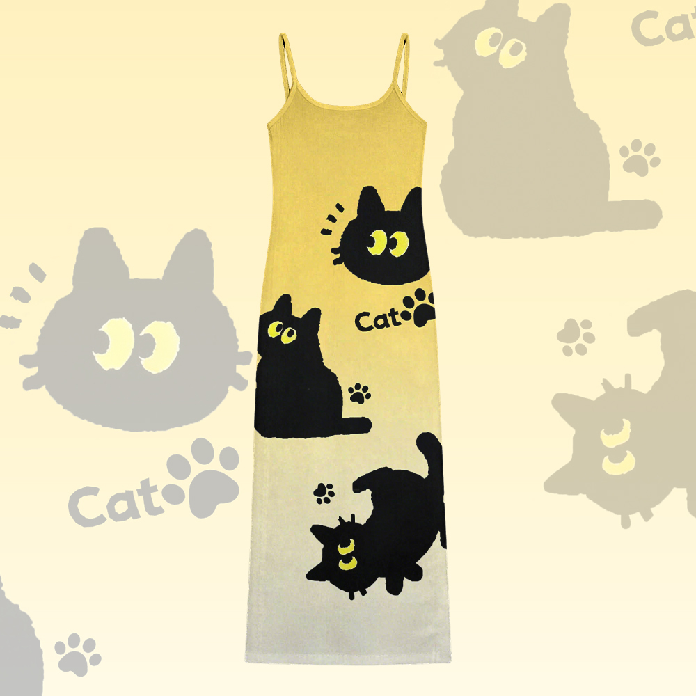 Modakawa-Kleid mit Farbverlauf und schwarzem Katzenmotiv - Yellow - 5XL - image 1
