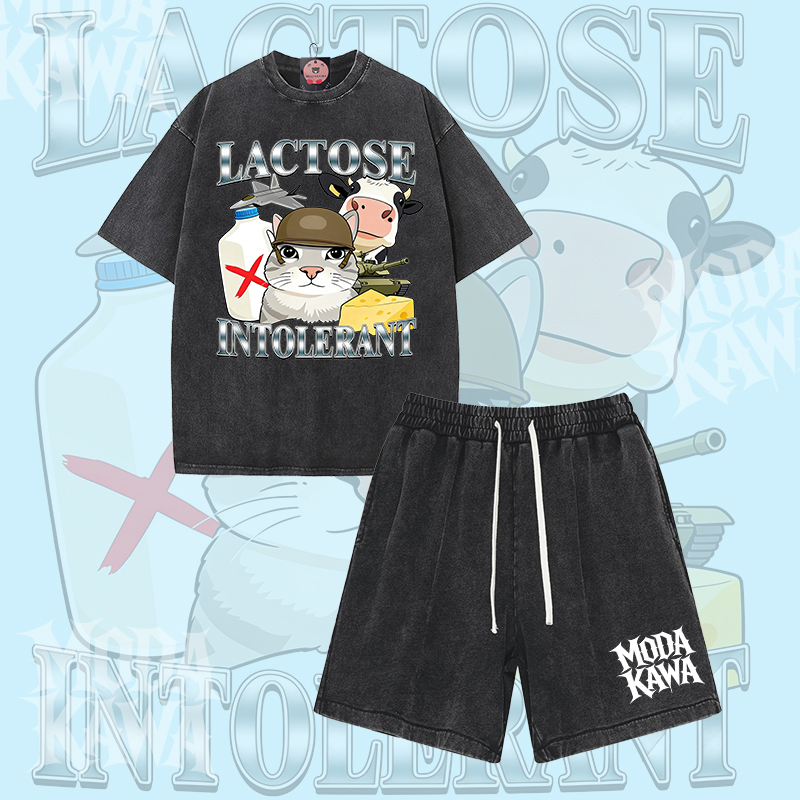 Laktoseintolerantes Katzenmotiv Modakawa Vintage Washed T-Shirt Shorts Zweiteiliges Set - Black - 3XL - image 2