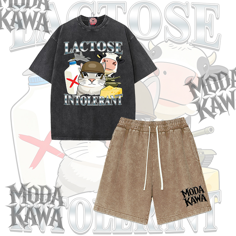Laktoseintolerantes Katzenmotiv Modakawa Vintage Washed T-Shirt Shorts Zweiteiliges Set - Black & Brown - 3XL - image 1