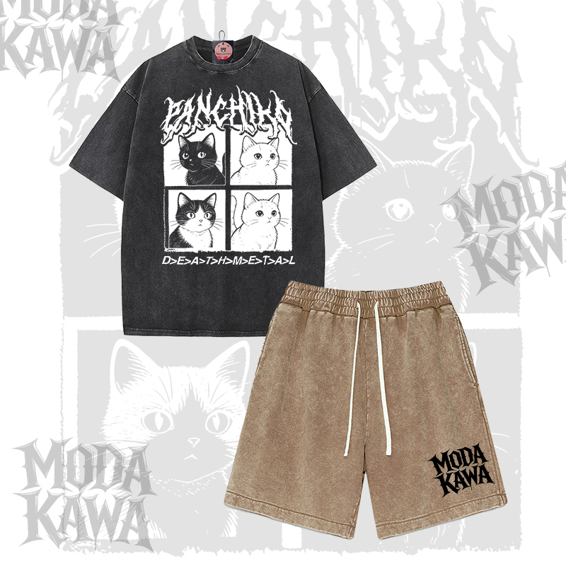 PANCHIKA Katzenmotiv Modakawa Vintage gewaschenes T-Shirt und Shorts Zweiteiliges Set - Black & Brown - 3XL - image 2